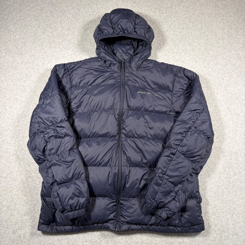Eddie Bauer Down Puffer Jacket Men XL Navy Blue Hooded Full Zip Outdoors FLAW